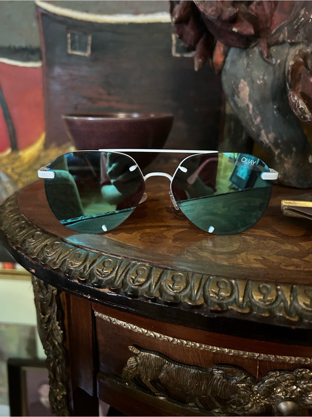 Quay Australia White Frame Sunglasses with Green Lenses